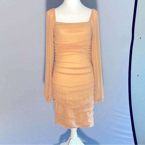 Fashion Sz Sm, Sheer Mesh, Nude, Ruched Long Sleeve Dress, Deep Square Neckline - Picture 4 of 16